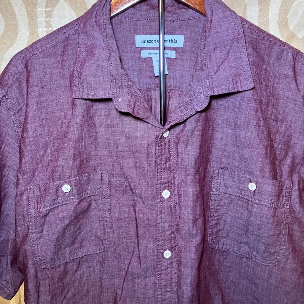 Amazon Essentials Mens XXL Short Sleeve Linen Blend Button Down Shirt Burgundy